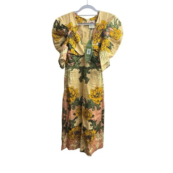 Farm Rio Delicate Flower Arabesques Premium Linen Midi Dress Small New $280 - Picture 4 of 7